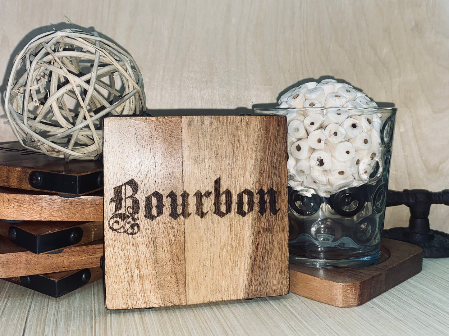 Laser Engraved Acacia Wood Coaster - "Bourbon"
