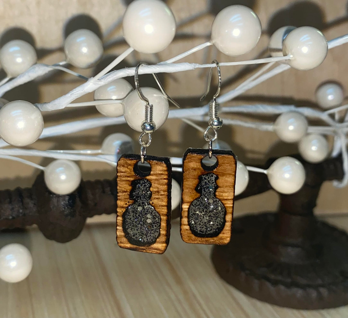 Bourbon Barrel Earrings - Dangle Blanton's Cutout Black Sparkle Epoxy