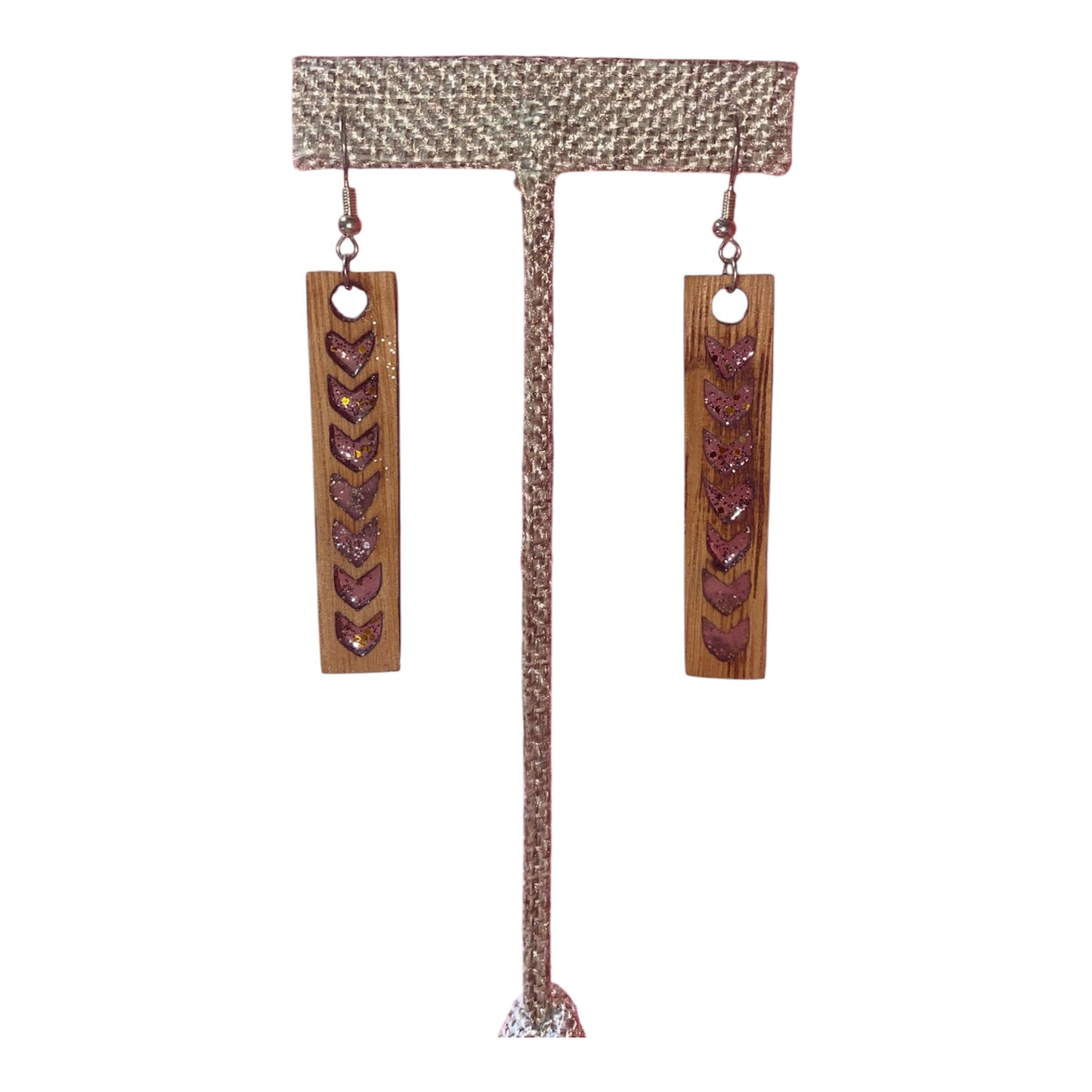 Bourbon Barrel Earrings - Dangle Chevron Cutout Pink Glitter Epoxy