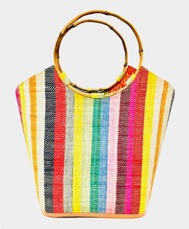 Shebobo - Carmen Solids Straw Bucket Bag with Bamboo Handles - Lollipop