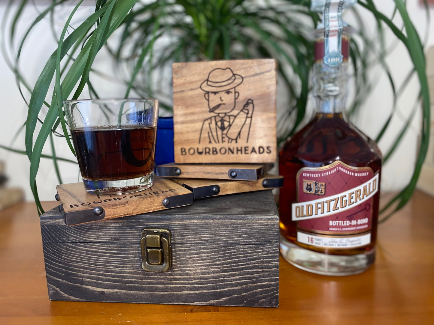 Laser Engraved Acacia Wood Coaster - BourbonHeads logo - male version