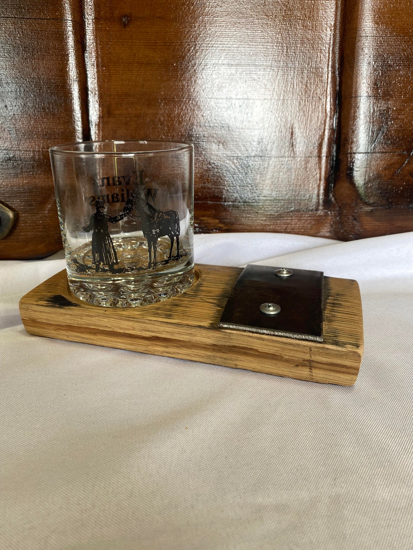 Bourbon Stave Rocks Glass Holder w/metal band
