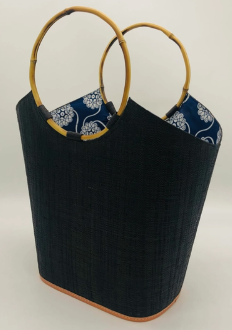 Shebobo - Carmen Solids Straw Bucket Bag with Bamboo Handles - Black