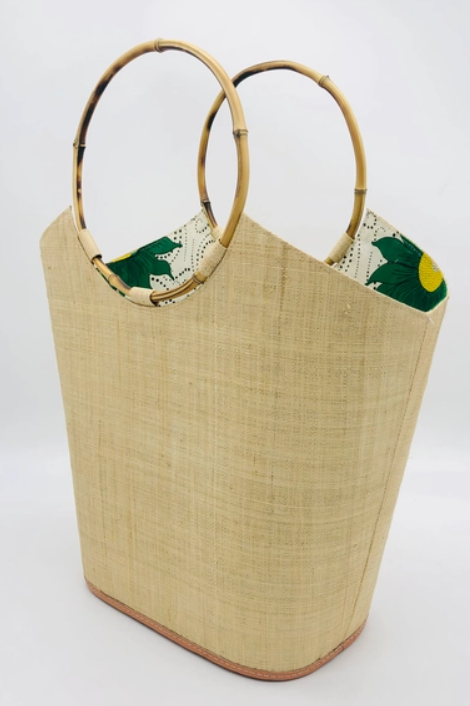 Shebobo - Carmen Solids Straw Bucket Bag with Bamboo Handles - Natural