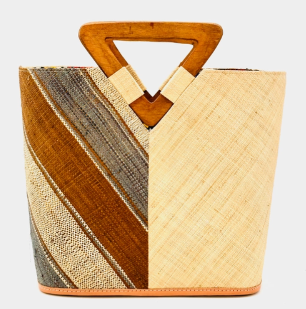 Shebobo - Zuki Two Tone Straw Handbag with Wood Triangle Handle - Blush Swirl
