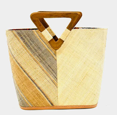 Shebobo - Zuki Two Tone Straw Handbag with Wood Triangle Handle - Latte Swirl