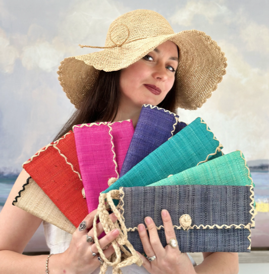 Shebobo - ChiChi Straw Clutch Bag | Pinstripes Blues
