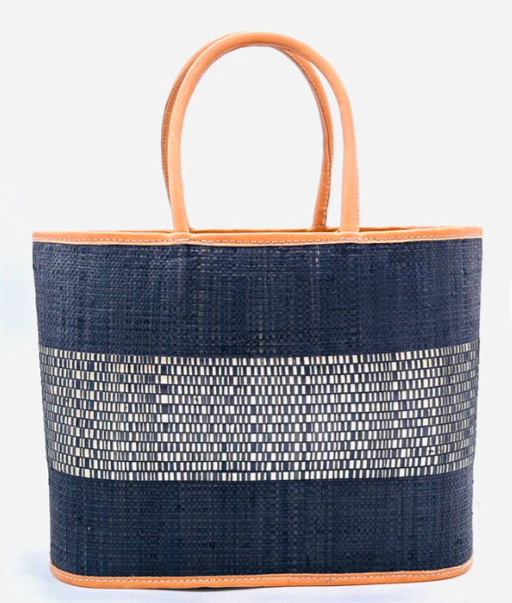 Shebobo - Wynwood Straw Basket Bag Handbag with Metallic Detailing - NAVY