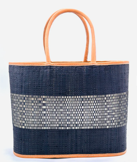 Shebobo - Wynwood Straw Basket Bag Handbag with Metallic Detailing - NAVY