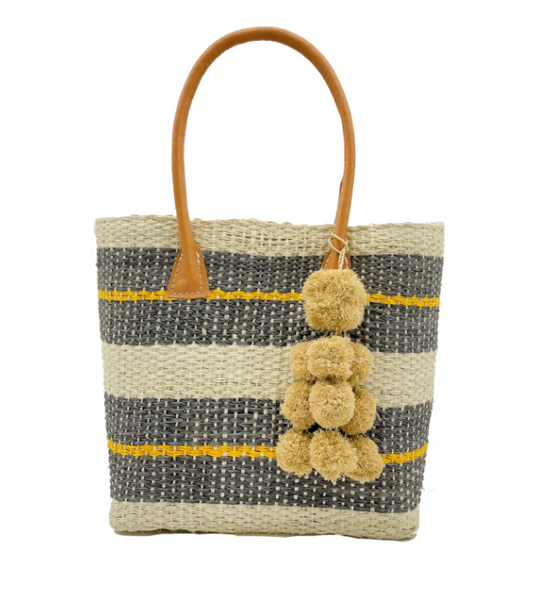 Shebobo Imperial Sisal Basket Bag with Waterfall Pompoms | Grey Stripes