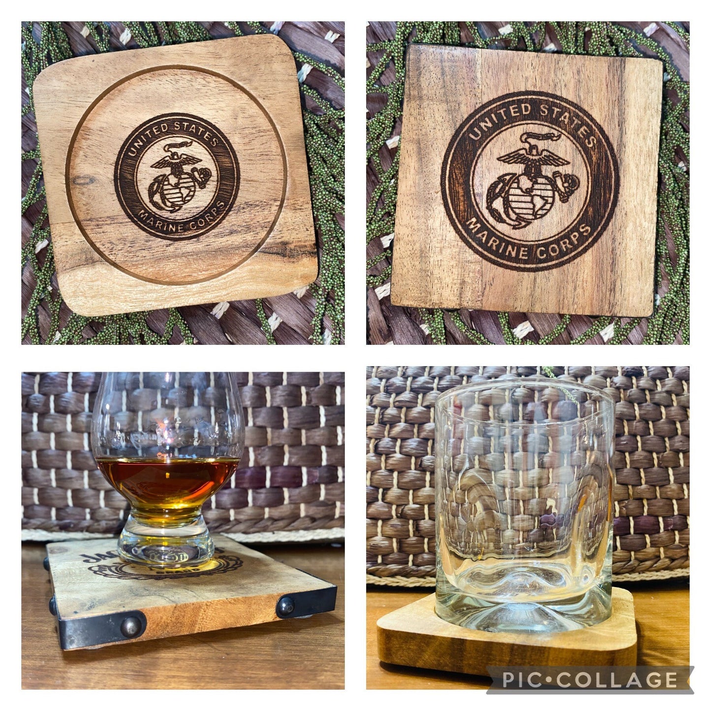 Laser Engraved Acacia Wood Coaster - Marines