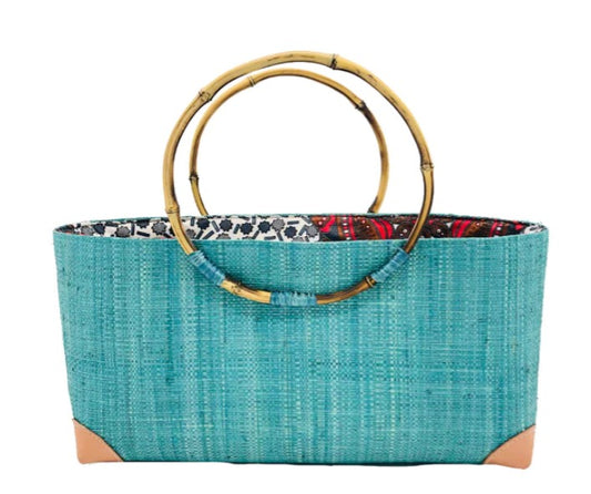 Shebobo - Bebe Straw Handbag with Bamboo Handles - Turquoise