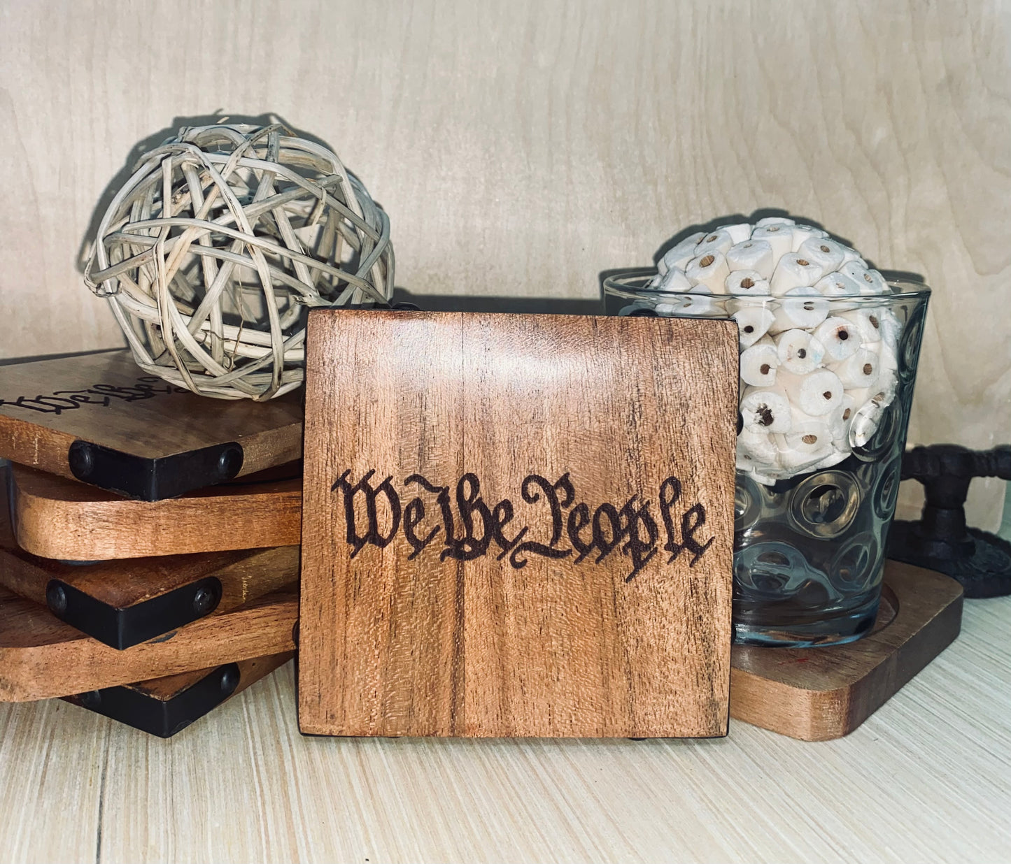 Laser Engraved Acacia Wood Coaster - "We The People"
