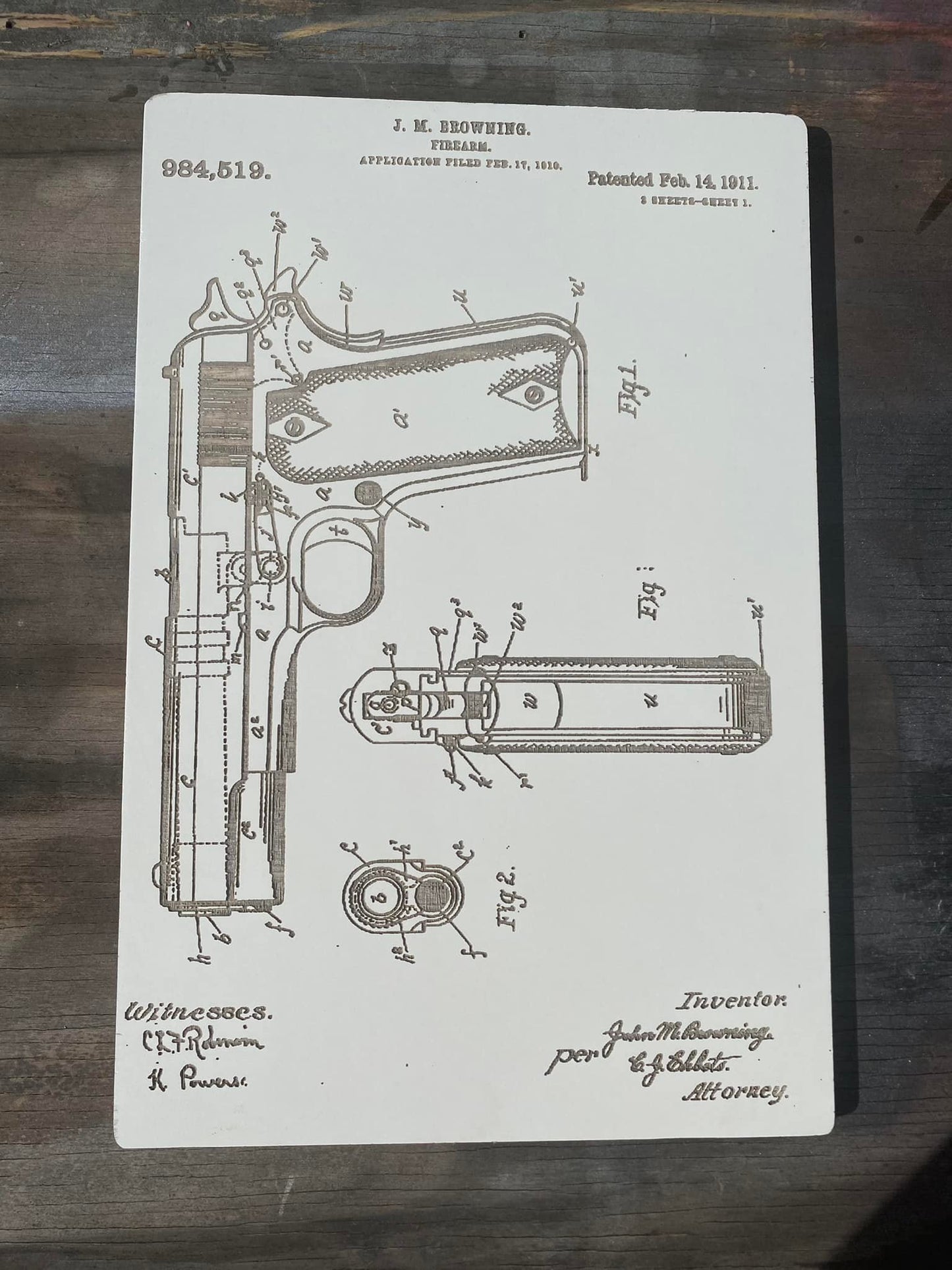 10x15 "Browning Firearm" Patent - Laser Engraved