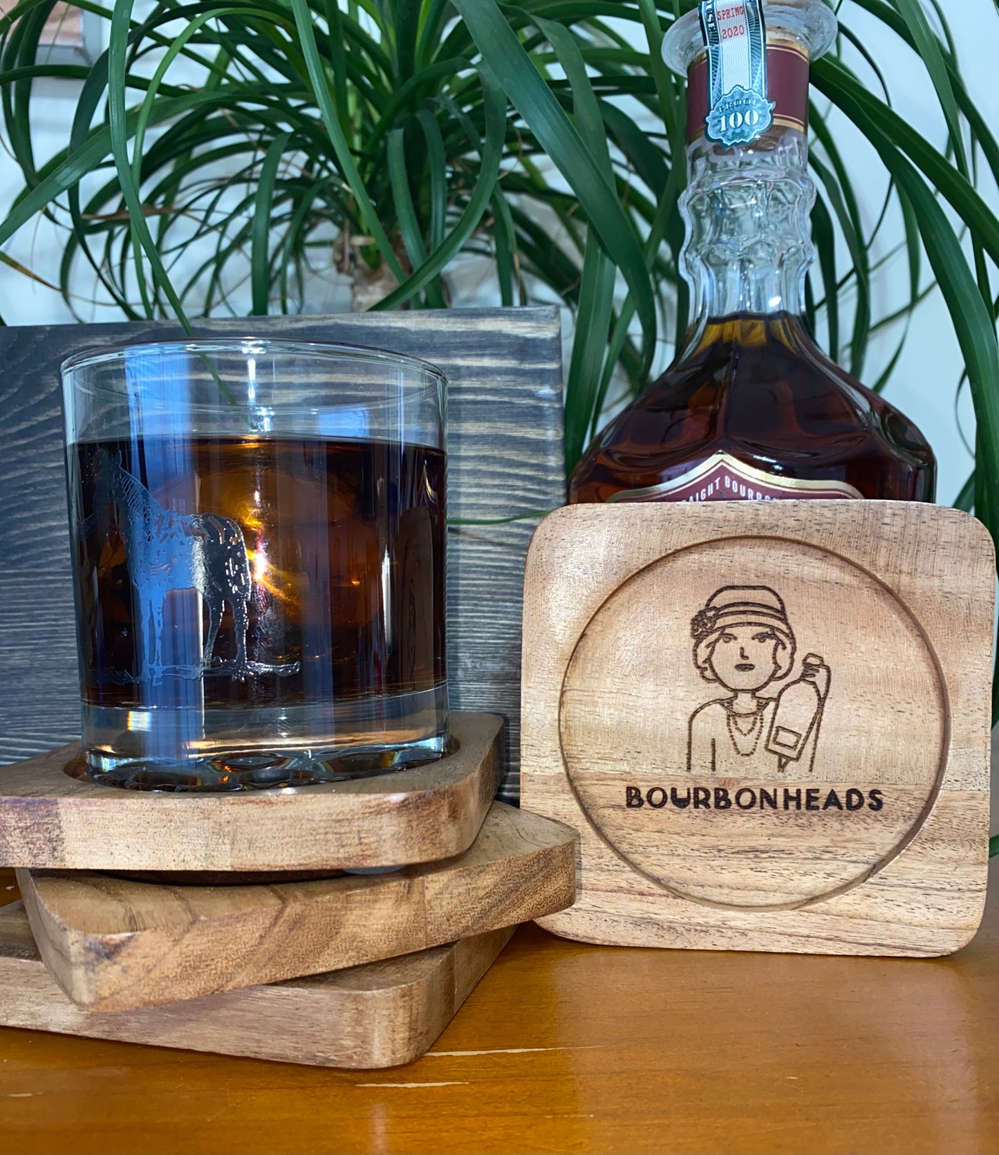 Laser Engraved Acacia Wood Coaster - BourbonHeads logo - female version