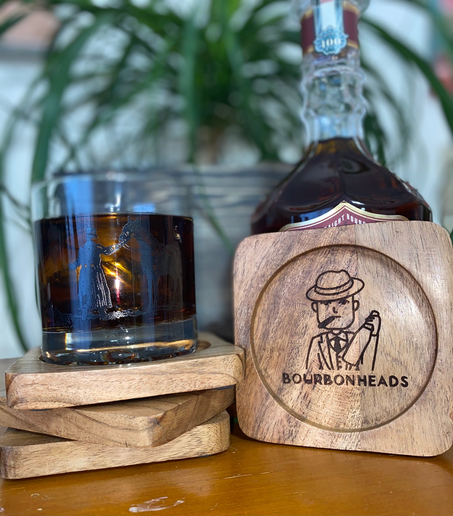 Laser Engraved Acacia Wood Coaster - BourbonHeads logo - male version
